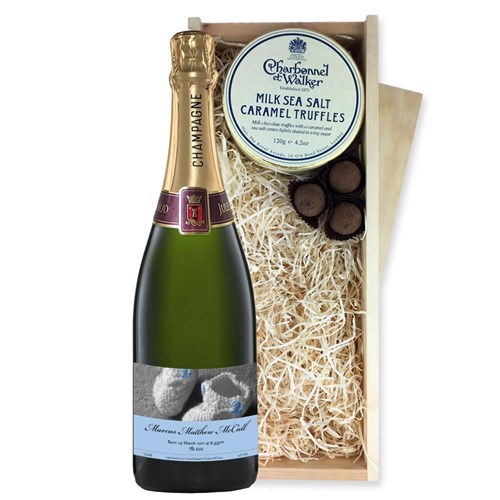 Personalised Champagne - Baby Boy Label And Milk Sea Salt Charbonnel Chocolates Box